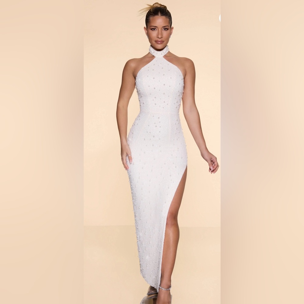 Oh Polly - Pearls Embellished High Neck Split Maxi Dress in Ivory - Size 6
